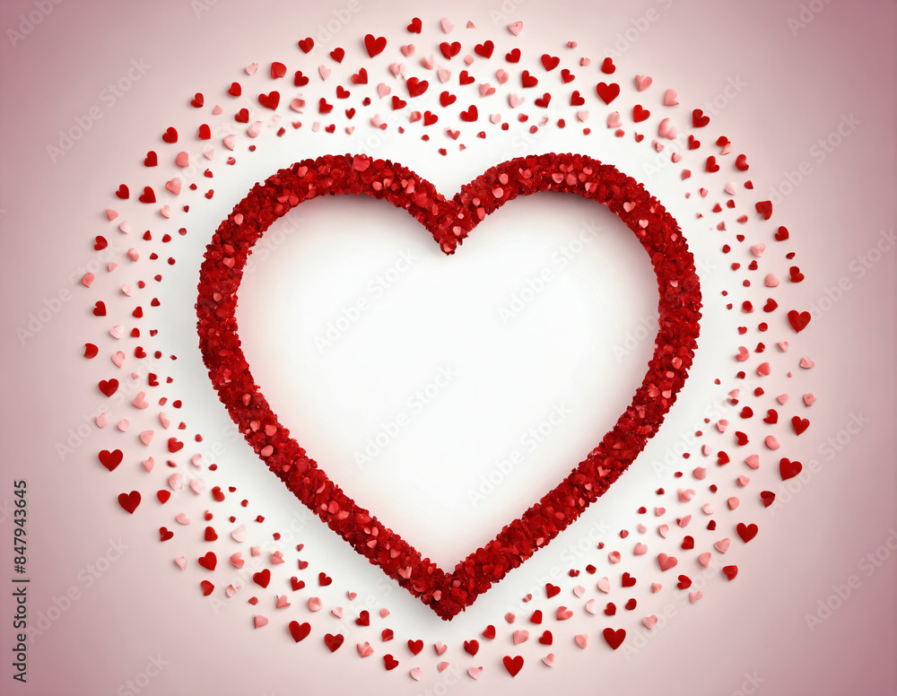 Large red heart frame with scattered hearts on pink background.Valentine's Day, holiday, wedding, engagement. Large red heart frame with scattered hearts on pink background.Valentine's Day, holiday, wedding, engagement.