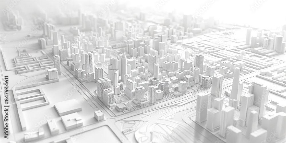 Birds Eye view of a modern city. Urban concept. White clay 3D rendering. Created with Generative AI technology. Birds Eye view of a modern city. Urban concept. White clay 3D rendering. Created with Generative AI technology.
