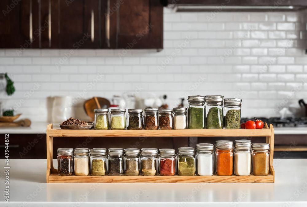 Wooden spice rack with glass jars in a modern kitchen Wooden spice rack with glass jars in a modern kitchen