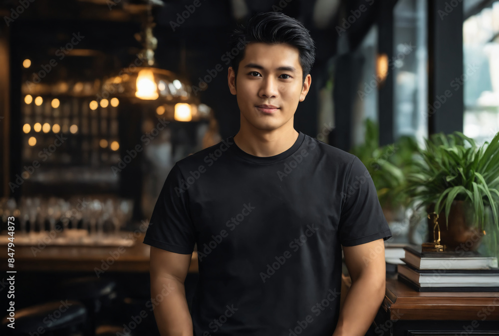 Man wearing black t-shirt standing in a bar Man wearing black t-shirt standing in a bar