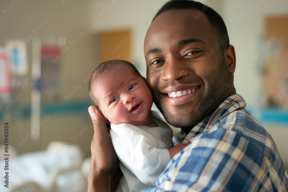 Smiling father holding newborn baby, family bonding concept Smiling father holding newborn baby, family bonding concept
