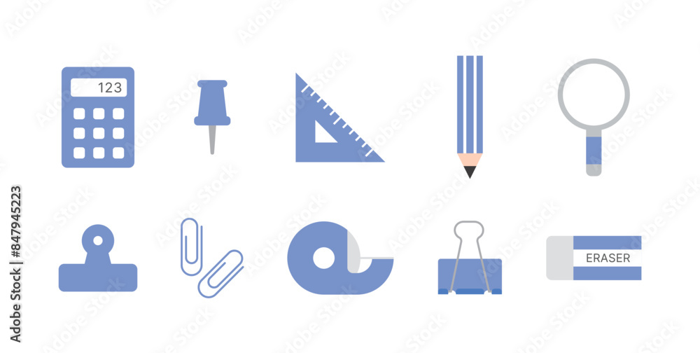 Stationery, fancy, and school supplies icon set for office, school, education, study, and classes. Calculator, pencil, ruler, magnifying glass, tongs, thumbtacks, paperclip, tape, eraser. Stationery, fancy, and school supplies icon set for office, school, education, study, and classes. Calculator, pencil, ruler, magnifying glass, tongs, thumbtacks, paperclip, tape, eraser.