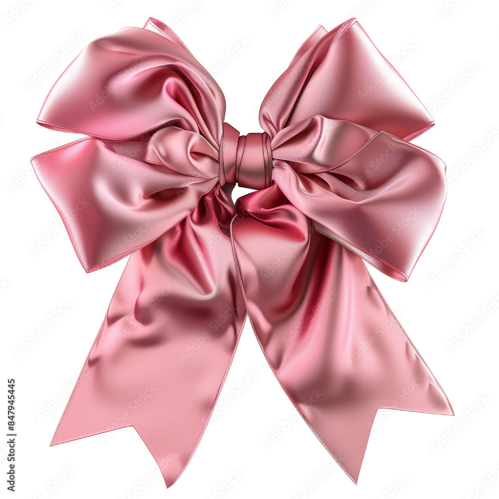 A large, pink satin bow with a glossy finish. It is tied in a classic style with two loops and a center knot. The bow is isolated on a white background. A large, pink satin bow with a glossy finish. It is tied in a classic style with two loops and a center knot. The bow is isolated on a white background.