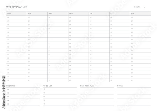 A weekly plan design template in a modern, simple, and minimalist style. Note, scheduler, diary, calendar, planner document template illustration.