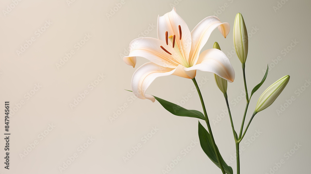 Fototapeta premium Close-up of yellow orange lily flower and bud against a neutral background, colorful art of ikebana