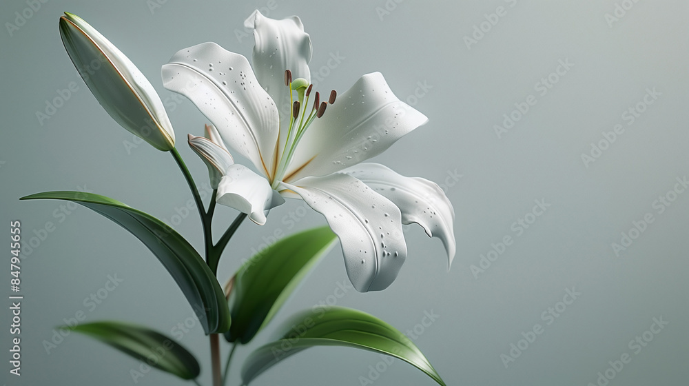 Close-up of yellow orange lily flower and bud against a neutral background, colorful art of ikebana Close-up of yellow orange lily flower and bud against a neutral background, colorful art of ikebana