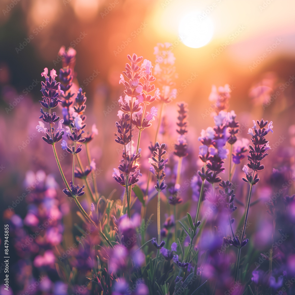 Obraz premium Lavender Field at Sunset with Warm Glowing Light