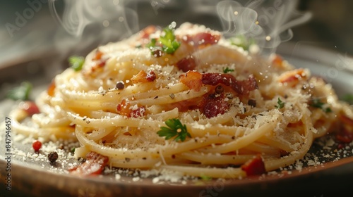 Close-up of a hot, freshly served spaghetti carbonara garnished with bacon, cheese, and parsley with visible steam