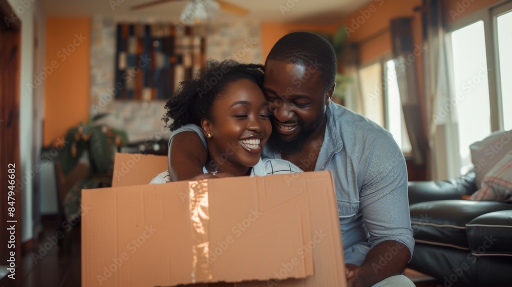 Couple unboxing package, smiling and happy Couple unboxing package, smiling and happy