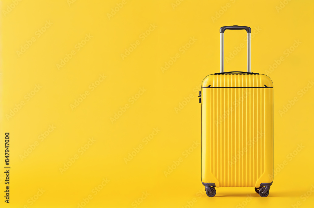 Yellow suitcase on yellow background with place for text. Travel and vacation concept