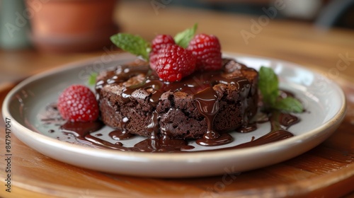 Gourmet chocolate brownie with dripping caramel sauce and fresh raspberries, artfully plated