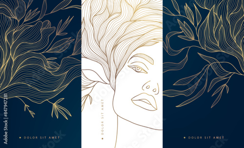 Vector set of art deco beauty background. Line feminine, woman portrait with long hair, leaves, organic. Spa, salon, cosmetic design elements, logo concept, package