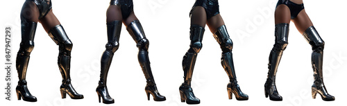 The legs of a sexy female robot in a robotic accusa. Boots of a cyborg girl. Android fashion for modern comfortable high boots. A set of demonstrations of fashionable shoes of the future.