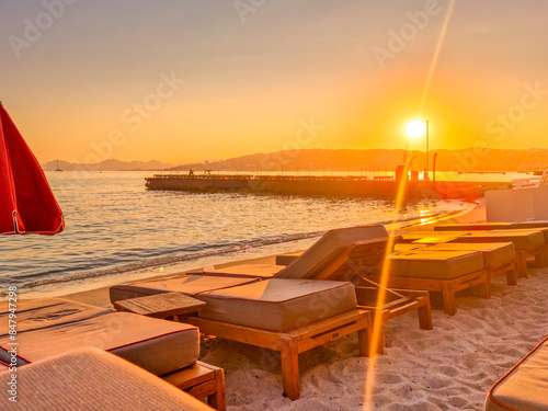 Sunset on the beach in Juan les Pins, South of France photo