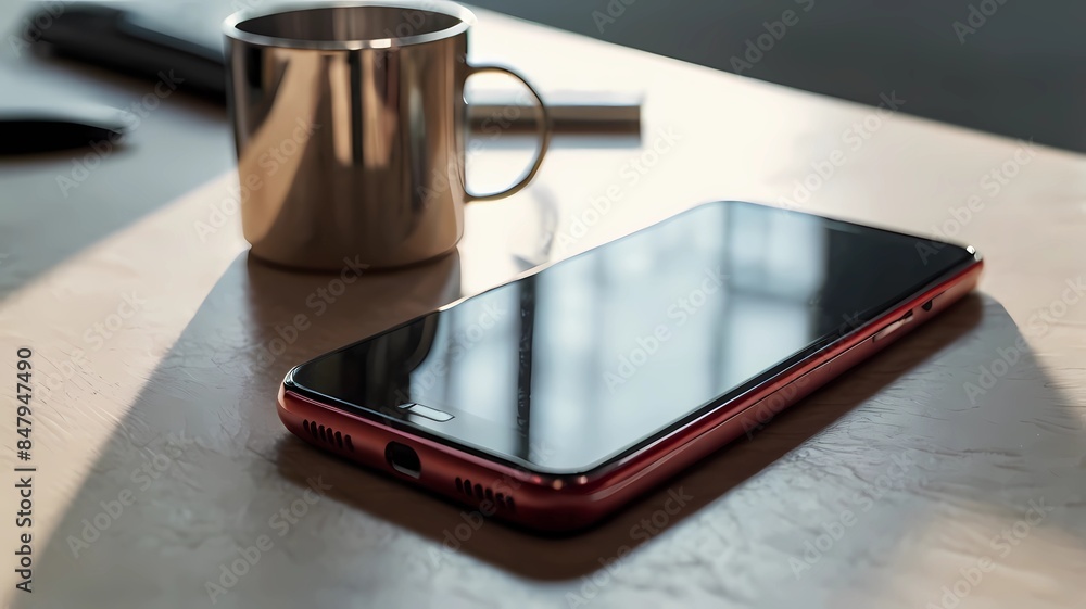 Red Smartphone on Wooden Table with Red Smartphone on Wooden Table with