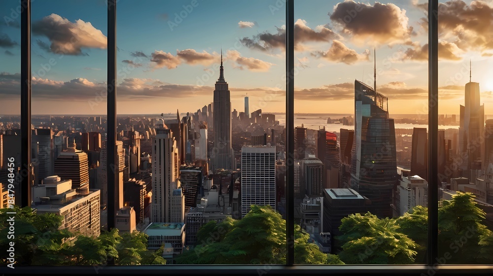 Naklejka premium Panoramic view of New York City from a high-rise window