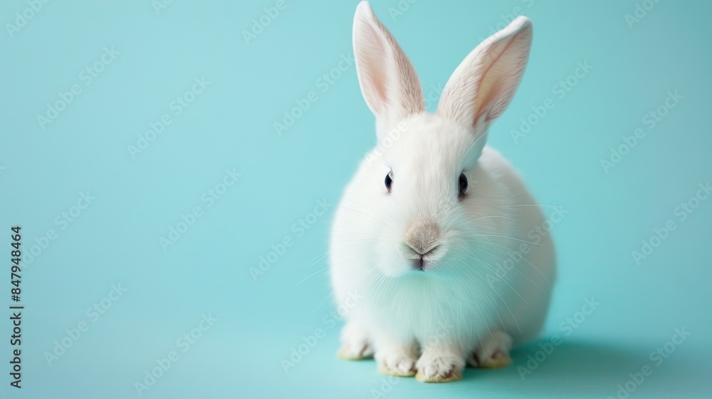 Adorable rabbit on pastel blue backdrop Adorable rabbit on pastel blue backdrop