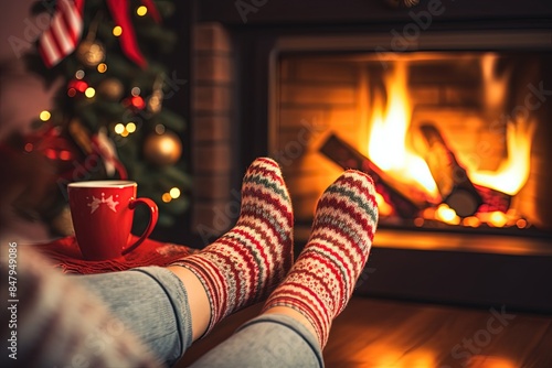 Person with Coffee and Christmas Socks by Fireplace during a Cozy Christmas Night