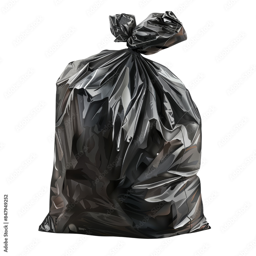 A full black garbage bag tied at the top, ready for disposal. A full black garbage bag tied at the top, ready for disposal.