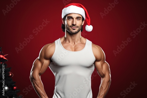 Muscular Bearded Man in Santa Hat by Christmas Tree in White Muscle Tee © João Queirós