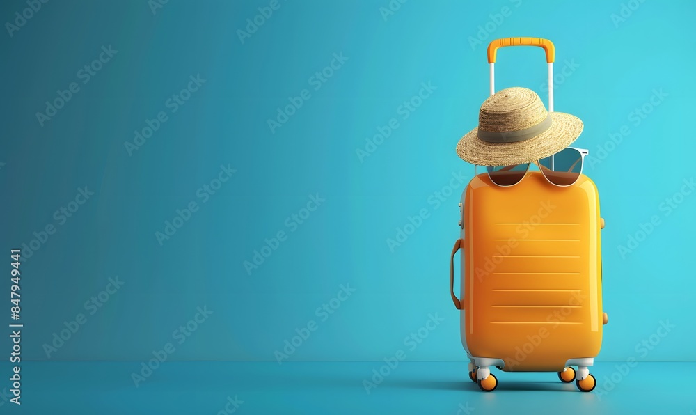 3D render of travel suitcase with sunglasses and hat 3D render of travel suitcase with sunglasses and hat