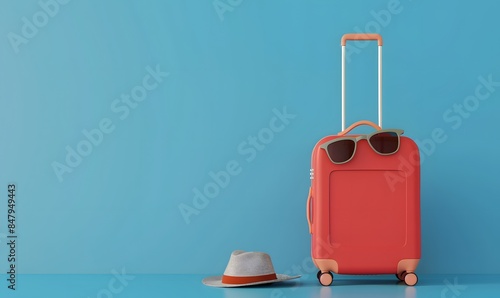 3D Render of Travel Suitcase with Sunglasses and Hat