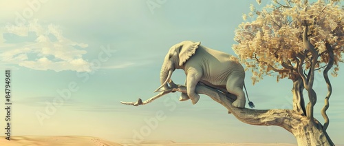 3D Render of Elephant Sitting on Tree Branch in Desert photo