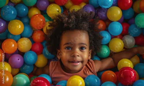 Adorable toddler enjoying a playful moment in a vibrant ball pit filled with multicolored balls. The child's radiant smile and curly hair highlight their pure delight and innocent joy.