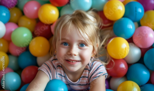 Adorable toddler enjoying a playful moment in a vibrant ball pit filled with multicolored balls. The child's radiant smile and curly hair highlight their pure delight and innocent joy. © Valerii Apetroaiei