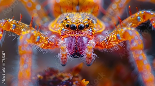 Highly Detailed Macro Photograph of a Vibrant Fire Opal Spider with Intricate Jewel-like Appearance