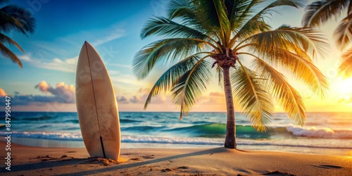 Fototapeta Naklejka Na Ścianę i Meble -  Surfboard and palm tree on tropical beach at sunset