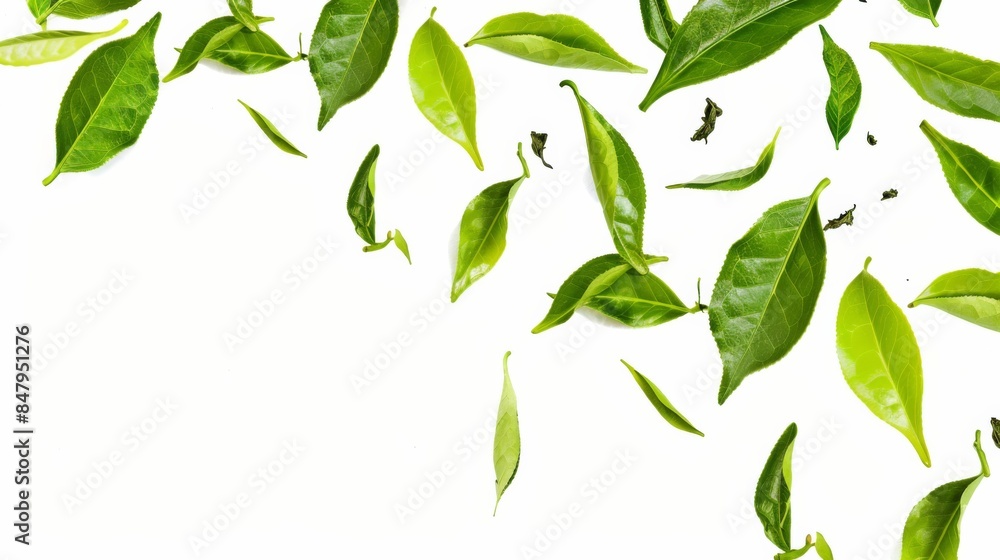 A Cascade of Fresh Green Tea Leaves on a Pristine White Background A Cascade of Fresh Green Tea Leaves on a Pristine White Background
