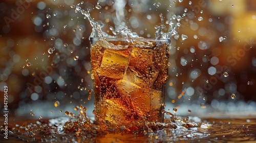 Macro shot of a soda drink in a glass with ice cubes splashing and creating an exciting, effervescent motion
