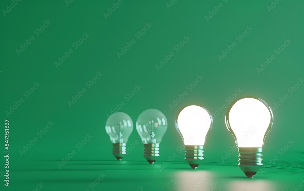 One Glowing Light Bulb Among Four in a Line on Green Background One Glowing Light Bulb Among Four in a Line on Green Background
