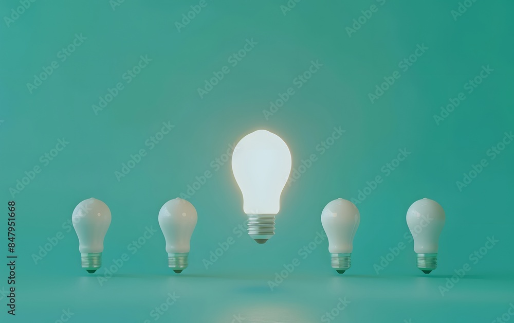 Glowing Light Bulb in Line of Five on Green Background Glowing Light Bulb in Line of Five on Green Background