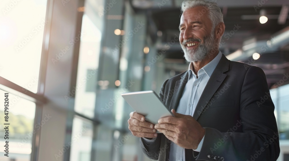 A Successful Middle-Aged Businessman Smiles As He Reviews His Digital Strategy In a Modern Office Setting A Successful Middle-Aged Businessman Smiles As He Reviews His Digital Strategy In a Modern Office Setting
