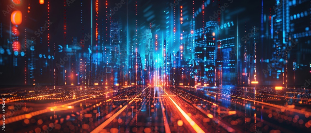Digital data streams over a futuristic cityscape, glowing lights, and technology Digital data streams over a futuristic cityscape, glowing lights, and technology