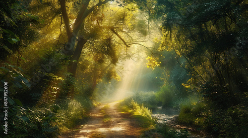 Divine Serene Forests and Spiritual Paths with Sunlight Halos, Peaceful Birdsong, and Reflective Streams in Lush Landscapes Perfect for Enhancing Any Visual Collection © Baciu