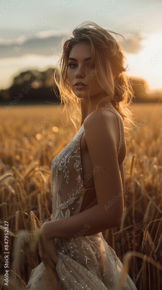 Obraz premium A happy young beautiful woman in a dress, strolling through a golden barley field in the evening. A wheat field at sunset.