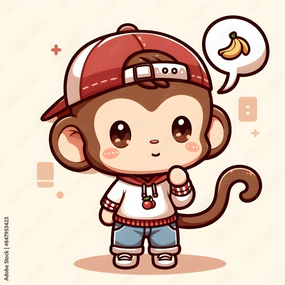 Cute cartoon monkey wearing a red cap and hoodie, thinking about bananas, AI-generated.
