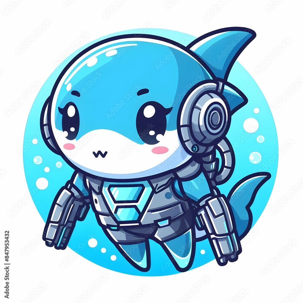 Cute cartoon shark character with robotic elements and headphones, AI-generated. Cute cartoon shark character with robotic elements and headphones, AI-generated.