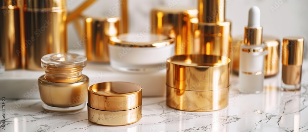 High-end cosmetics in gold containers, arranged on marble surface, luxury concept High-end cosmetics in gold containers, arranged on marble surface, luxury concept