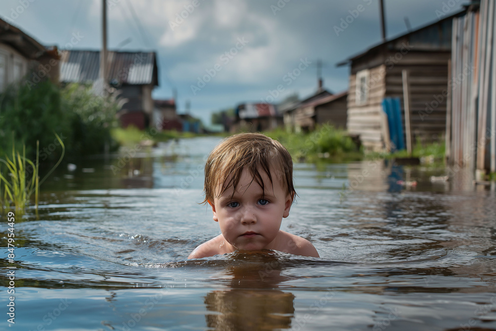 A young boy swims in murky floodwater in front of a traditional house, his expression serious. the human impact of natural disasters, idea for awareness campaigns about climate change and flood safety A young boy swims in murky floodwater in front of a traditional house, his expression serious. the human impact of natural disasters, idea for awareness campaigns about climate change and flood safety