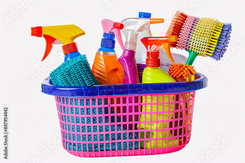 a basket full of cleaning supplies