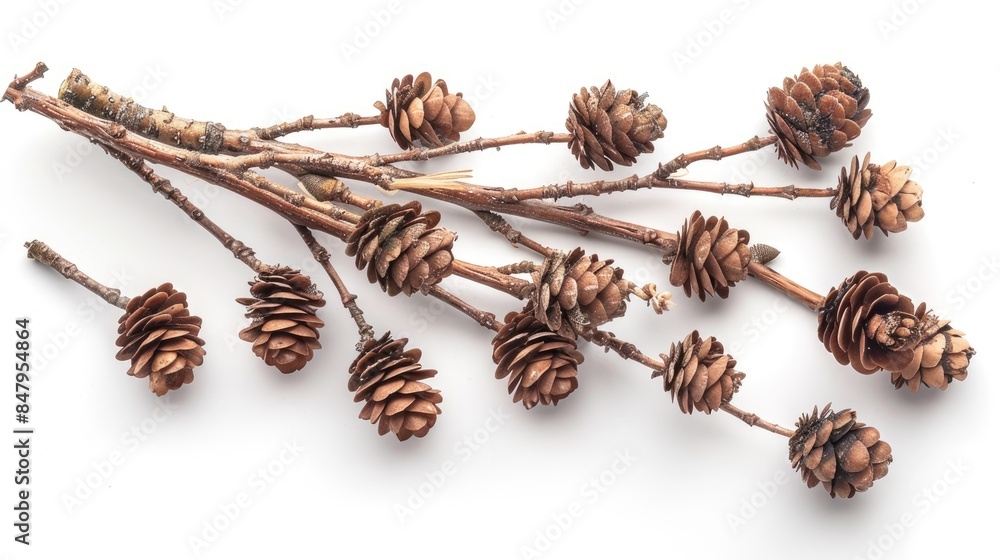 Isolated Alder Cones with Dry Twig on White Background viewed from the top Isolated Alder Cones with Dry Twig on White Background viewed from the top