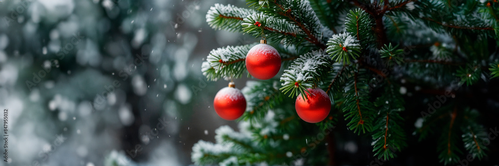 Christmas tree and red balls, bokeh lights, template, Christmas card. Christmas tree and red balls, bokeh lights, template, Christmas card.