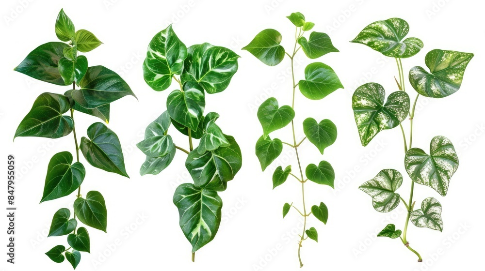 Set of tropical leaves including green ivy mint and monstera leaves isolated on a white background Set of tropical leaves including green ivy mint and monstera leaves isolated on a white background