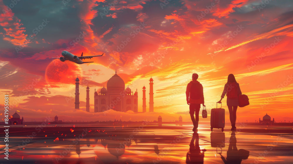Naklejka premium A couple walks towards a majestic sunset in India, with the silhouette of the great mosque in the background