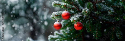 Christmas tree and red balls, bokeh lights, template, Christmas card.