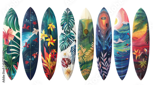 A collection of ten colorful, unique surfboard designs with various tropical and nature-inspired patterns.